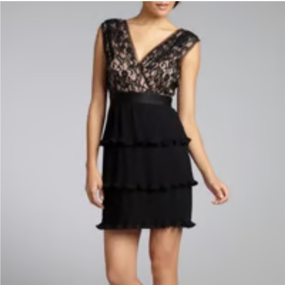 Max & Cleo Black & Tan Lace Overlay Pleat Tiered Skirt Cocktail Mini Dress, Sz 4